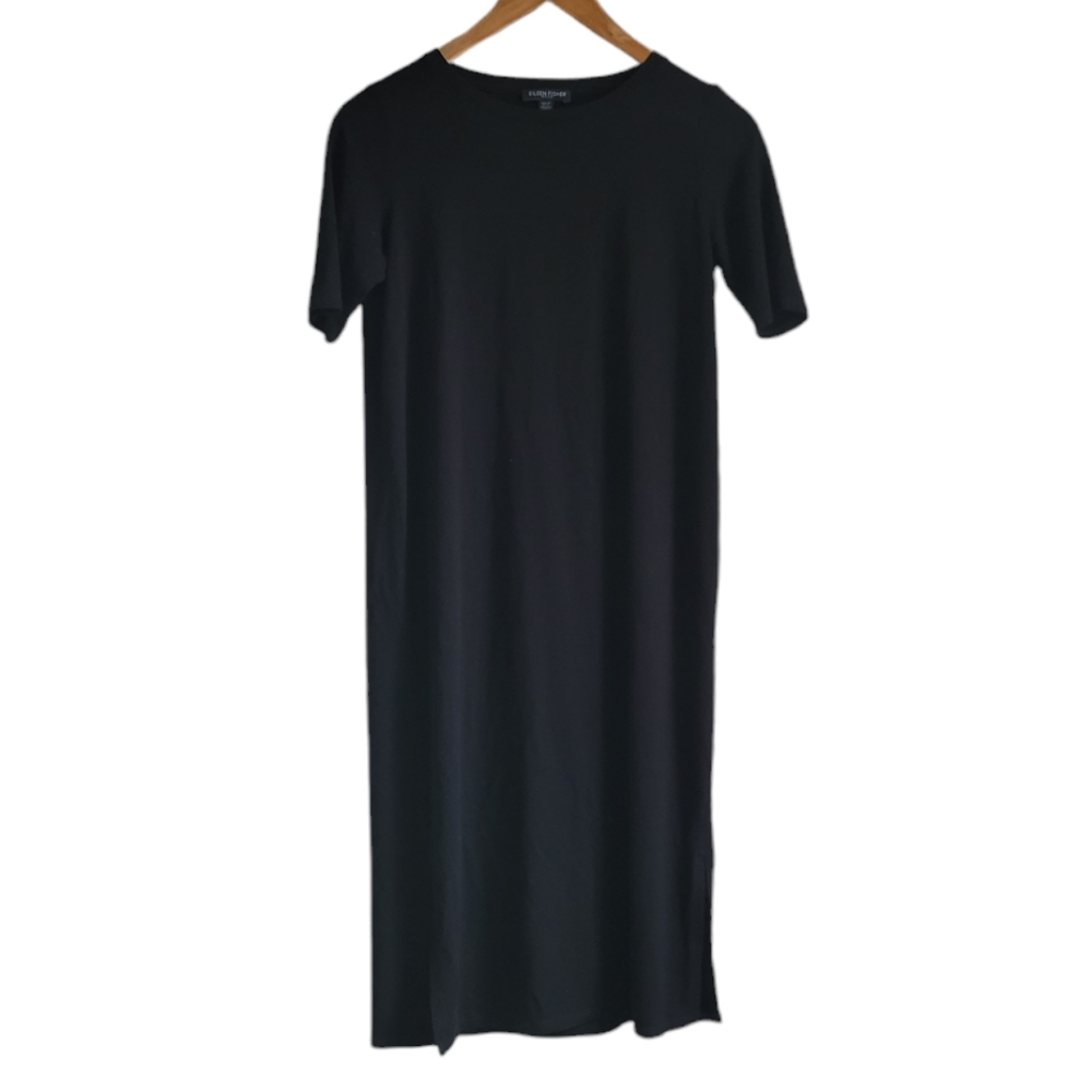EILEEN FISHER Short Sleeve Black Midi Dress Petite Small